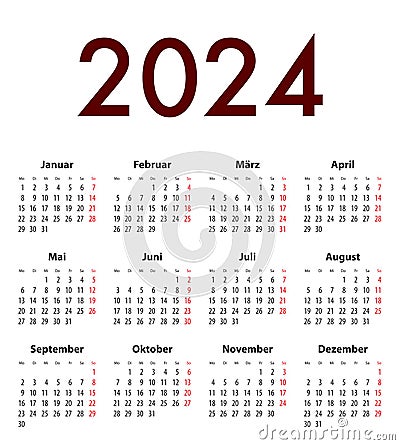 German Calendar grid regular digits for 2024. MF Vector Illustration