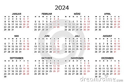 2024 german calendar. Printable, editable vector illustration for Germany. 12 months year kalender Vector Illustration