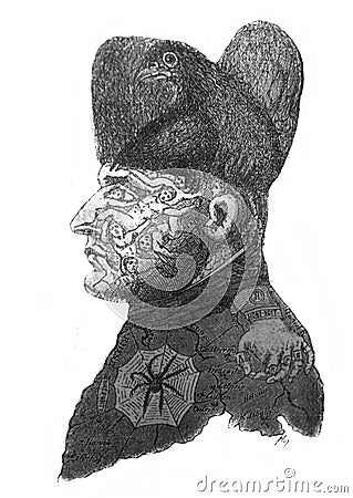 German caricature of Napoleon. His face is made from victims of Russian and Saxon military campaigns in the old book The History Stock Photo