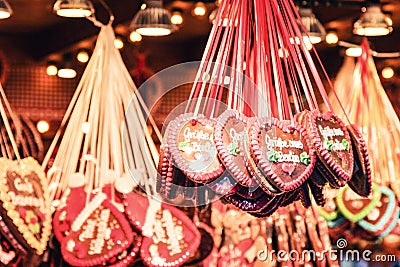 German Christmas cookies hanging in bakery Stock Photo