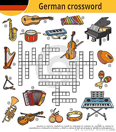 German crossword, education game for children, musical instruments Vector Illustration