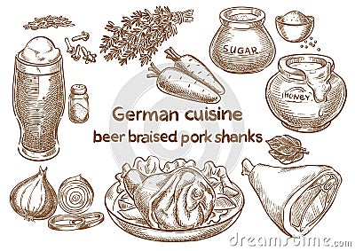 German cuisine.Beer braised pork shanks.Traditional octoberfest Vector Illustration