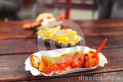 curry wurst sausage with french fries, street food concept Stock Photo
