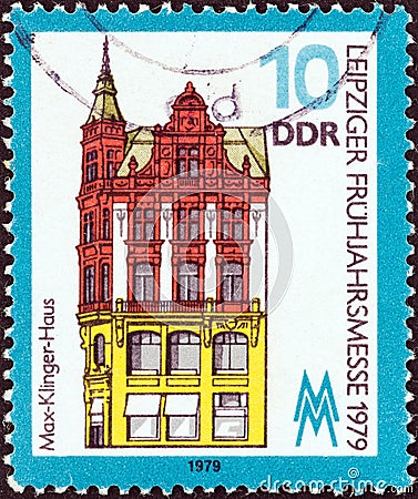 GERMAN DEMOCRATIC REPUBLIC - CIRCA 1979: A stamp printed in Germany shows Max Klinger Exhibition House, Leipzig, circa 1979. Editorial Stock Photo