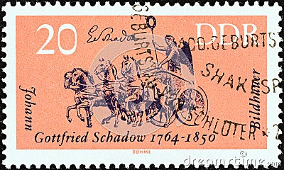 GERMAN DEMOCRATIC REPUBLIC - CIRCA 1964: A stamp printed in Germany shows Quadriga, Brandenburg Gate J. G. Schadow, sculptor Editorial Stock Photo