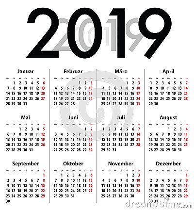 German Deutsch Calendar grid for 2019. MF Vector Illustration