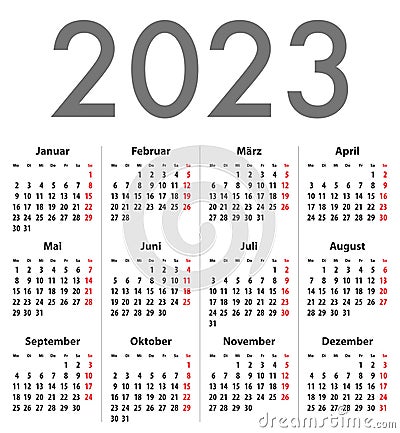 German Deutsch Calendar grid for 2023. MF Vector Illustration