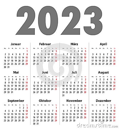 German Deutsch Calendar grid for 2023. MF Vector Illustration