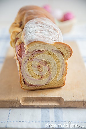 German Easter bread stuffed with ham Stock Photo