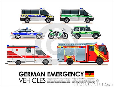 German emergency cars vehicles transport set. Police car, Fire truck, Ambulance van Emergency cars of Deutsche flat design Stock Photo