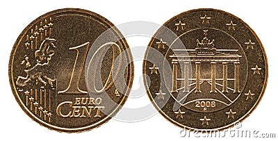 German 10 euro cent Germany coin, front side 10 and europe, backside Brandenburg Gate Stock Photo