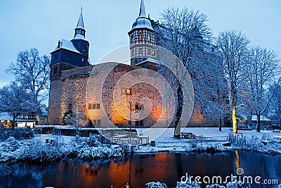 German fairytale castle in winter landscape. Castle Romrod in Hessen, Germany Stock Photo