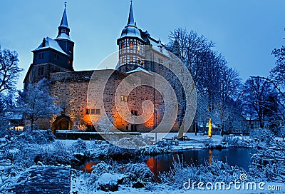 German fairytale castle in winter landscape. Castle Romrod in Hessen, Germany Stock Photo