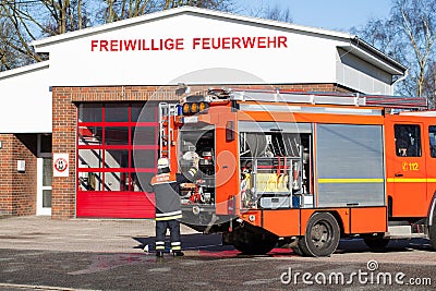 German Fire department firefighter fire truck operated Stock Photo