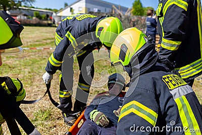 German firefighters train a patient transport Editorial Stock Photo