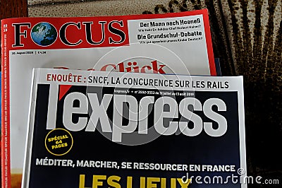 GERMAN FOCU AND FRENCH L`EXPRESS NEWS MAGAZINES Editorial Stock Photo