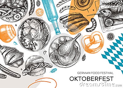 German food background in collage style. Oktoberfest menu trendy design. Vector meat dishes sketches and geometric shapes. German Vector Illustration