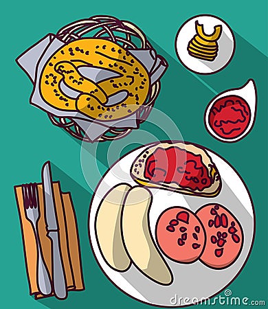 German food Bread bun jam ham cheese Pretzels white sausage Vector Illustration