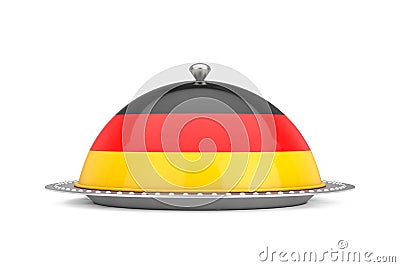 German Food Concept. Silver Plate and Food Cover Restaurant Cloche with German Flag. 3d Rendering Stock Photo