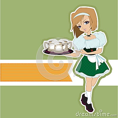 German girl waitress carries beer at Oktoberfest Vector Illustration