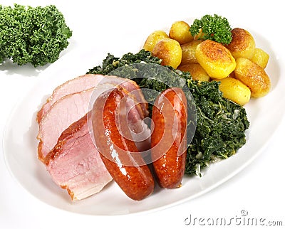 German Green Cabbage with Sausages and Meat Stock Photo