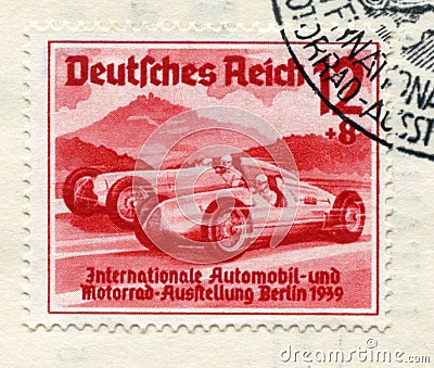 German historical stamp: Racing cars `Auto Union`and` Mercedes-Benz`. `International auto and motor show in Berlin IAA 1939` wit Editorial Stock Photo