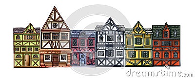 German houses cartoon collection urban landscape front view of European city street colorful building facades. Vector Illustration