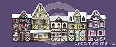 German houses winter cartoon collection urban snow landscape front view of European city street colorful building Vector Illustration