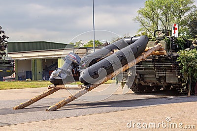 German infantry fighting vehicle Puma with a rubber raft stands on a military exercise with Editorial Stock Photo