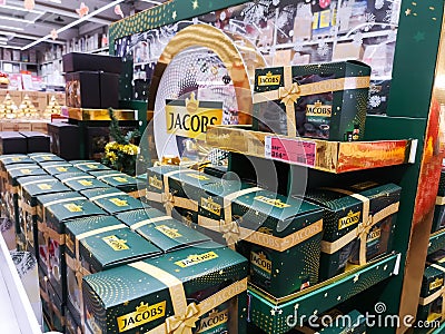 German Jacobs coffee popular in Europe on shelf for sale at Auchan Shopping Centre on December 25, 2019 in Russia, Kazan, Hussein Editorial Stock Photo