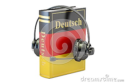 German language textbook with headset, learning and translate co Stock Photo