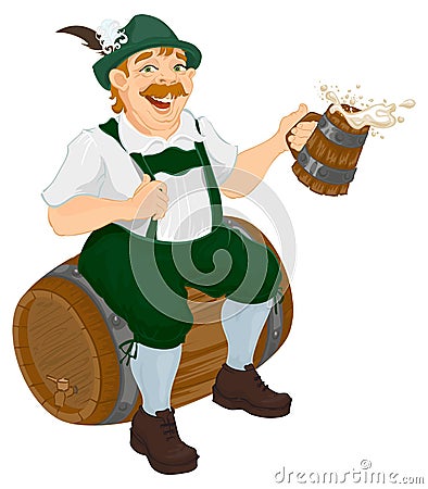 German man sits on an oak barrel and holding wooden beer mug. Bavarian fat man celebrating oktoberfest Vector Illustration