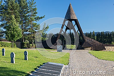 German military cemetery in autumn with mountains in the background and many graves of soldiers killed in the Second World War. Editorial Stock Photo