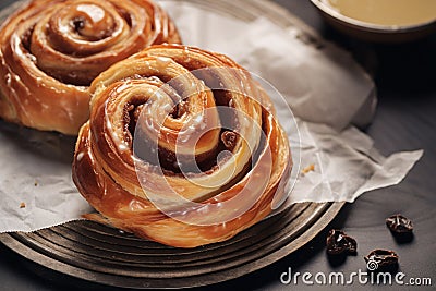 German pastry roll with raisins and sugar glazing called 'Rosinenschnecke Stock Photo