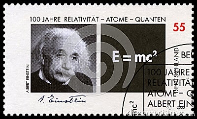 German Postage Stamp with Portrait of Albert Einstein Editorial Stock Photo