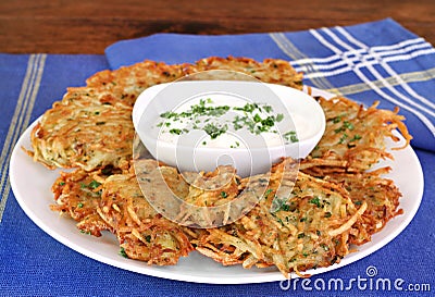 German Potato Pancakes and Sour Cream Stock Photo