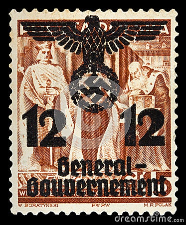 GERMAN REICH. Circa 1939 - c.1944: General Goudernement. A postage stamp with portraying of nazi symbols. Editorial Stock Photo