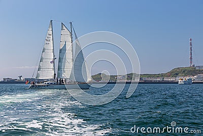 German sailing ship with passengers entering harbor of Helgoland Editorial Stock Photo