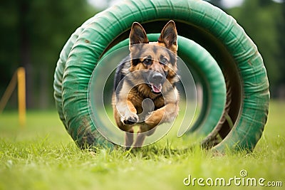 german shepard running through agility training course Stock Photo