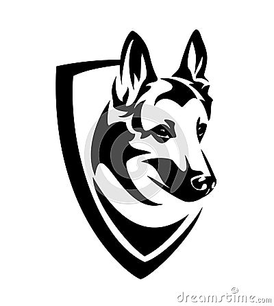 Malinois shepherd dog head in heraldic shield black and white vector emblem Vector Illustration