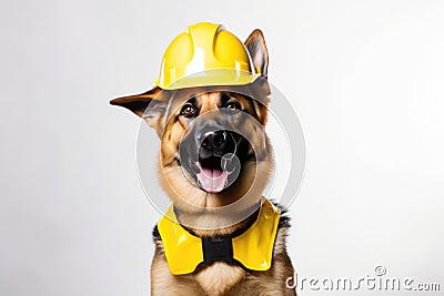 German Shepherd Dog Dressed As A Builder On White Background Stock Photo