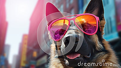 A German Shepherd Dog wearing sunglasses and dressed in a suit on a city street Stock Photo