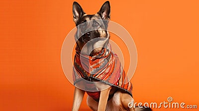 German Shepherd Dog Wearing Traditional Cultural Clothing From Their Heritage On Orange Color Background. Generative AI Stock Photo