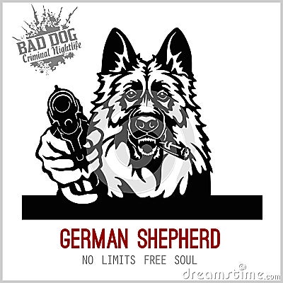 German Shepherd with guns - German Shepherd gangster. Head of angry German Shepherd Vector Illustration