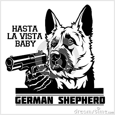 German Shepherd with guns - German Shepherd gangster. Head of angry German Shepherd Vector Illustration