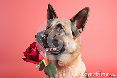 a german shepherd holding a red rose in its mouth, against a pink background Stock Photo