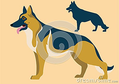 German shepherd and its silhouette Vector Illustration