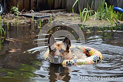 german shepherd with a pawprint swim ring in backyard pond Stock Photo
