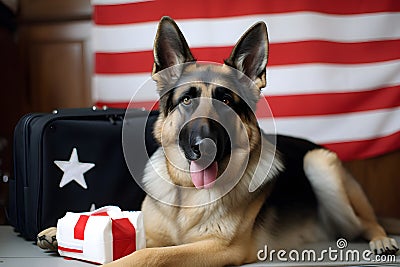 German shepherd portrait lying down and American flag as background, closeup, AI generative content Stock Photo