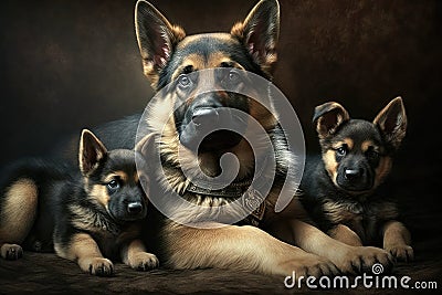 German Shepherd With Puppies Lying On The Floor. Generative AI Stock Photo